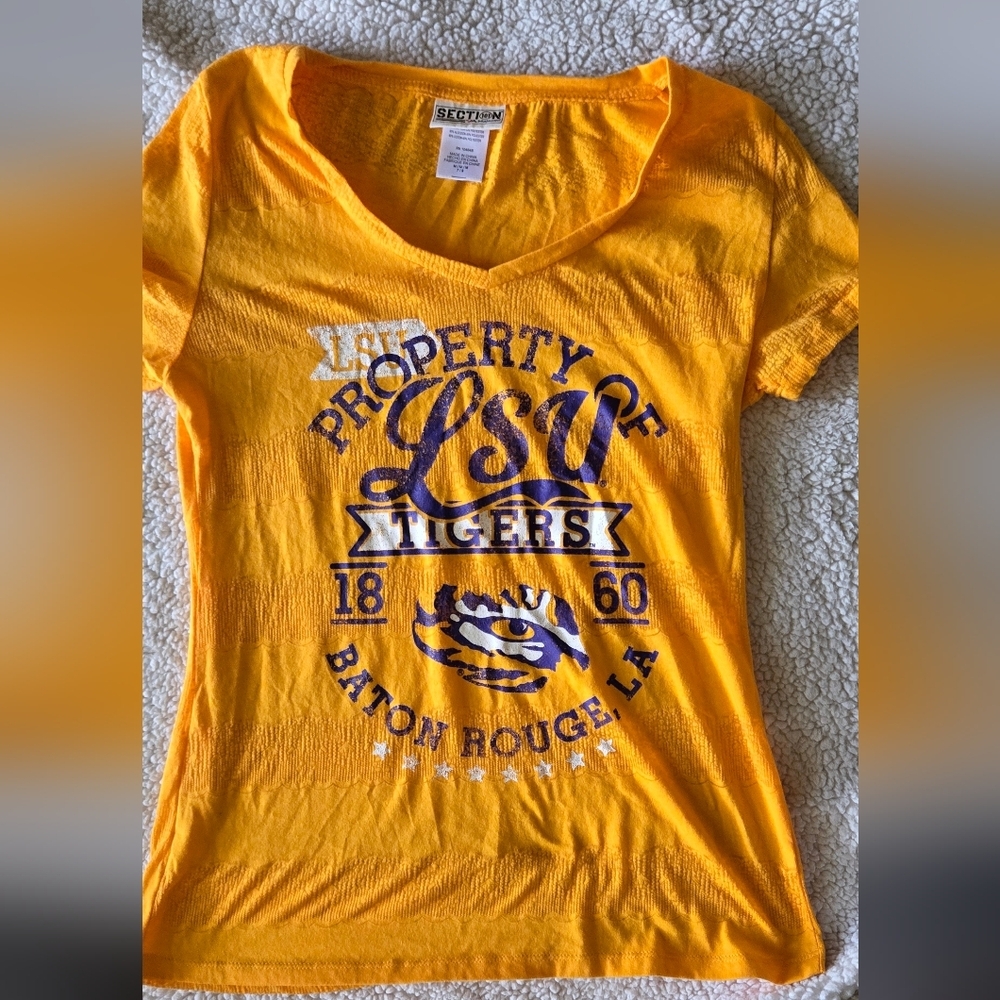 Majestic Womens Yellow LSU Tigers Short Sleeve Tee Semi Sheer Pieces
